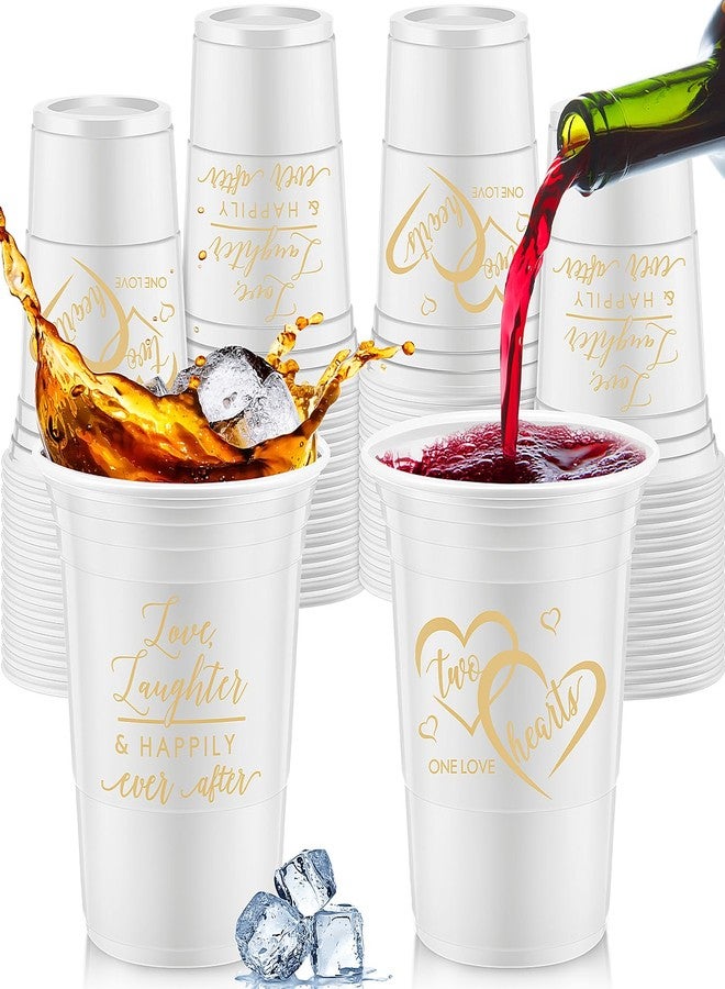 Layhit 100 Pcs Wedding Disposable Thick Plastic Cups 16 oz White Gold Two Hearts One Love Cups Decorations for Wedding Reception Bridal Shower Engagement Party Bachelorette Supplies in 2 Designs - Image 1