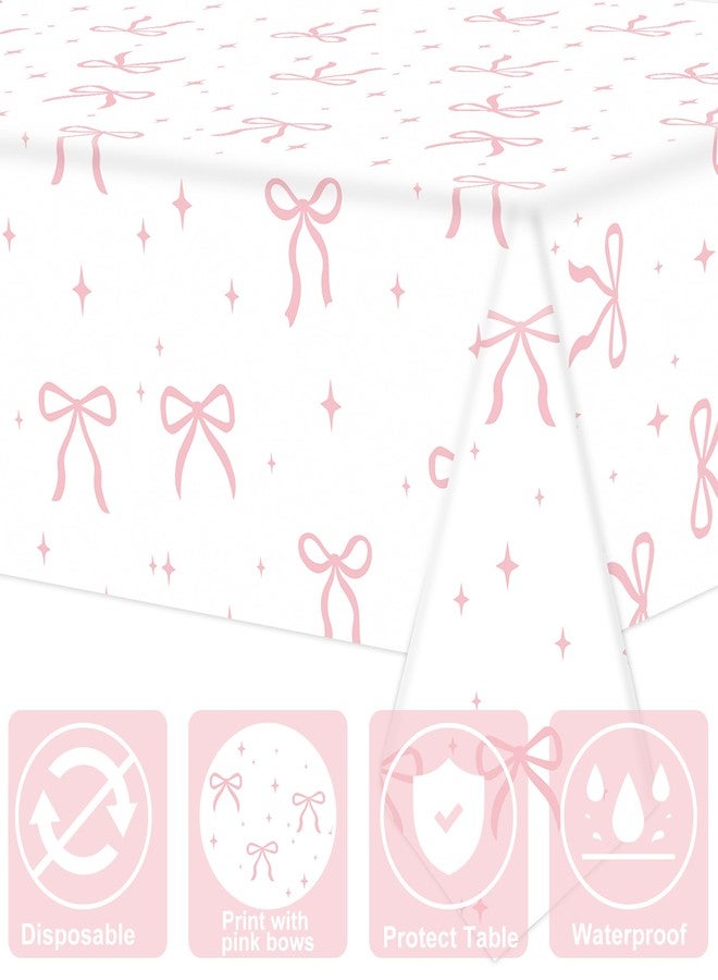 Maniaacer 2 PCS Pink Bow Tablecloth Bow Theme Plastic Table Cover Rectangle Coquette Disposable Party Tablecloth for Women Girls Birthday Bridal Baby Shower Bachelorette Party Decor - Image 3