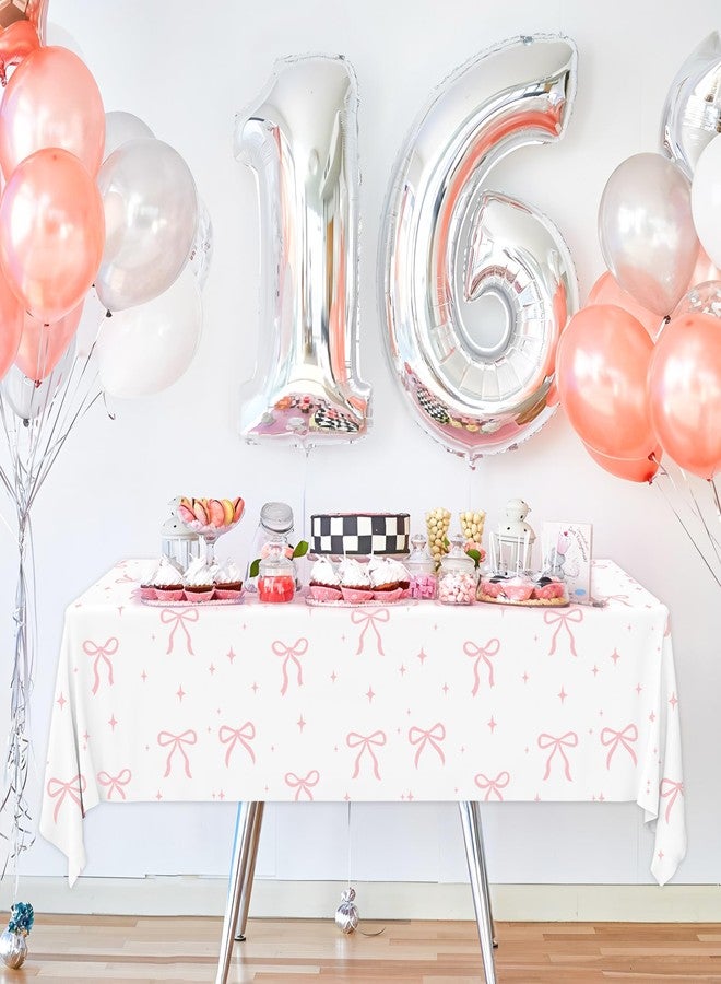 Maniaacer 2 PCS Pink Bow Tablecloth Bow Theme Plastic Table Cover Rectangle Coquette Disposable Party Tablecloth for Women Girls Birthday Bridal Baby Shower Bachelorette Party Decor - Image 5