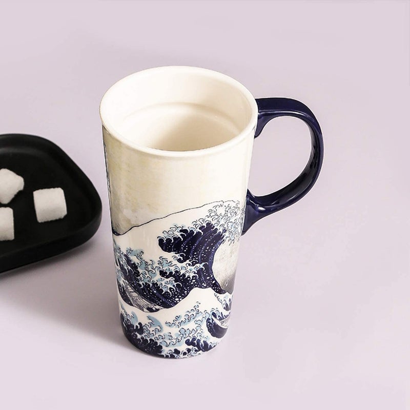 DUSVALLY 17 oz Tall Ceramic Travel Mug with Leak-Proof Lid - Porcelain Coffee Cup for Latte, Cappuccino and Tea, The Great Wave - Image 3