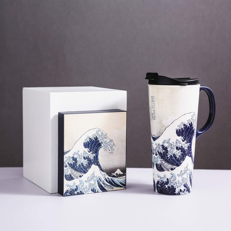DUSVALLY 17 oz Tall Ceramic Travel Mug with Leak-Proof Lid - Porcelain Coffee Cup for Latte, Cappuccino and Tea, The Great Wave - Image 2