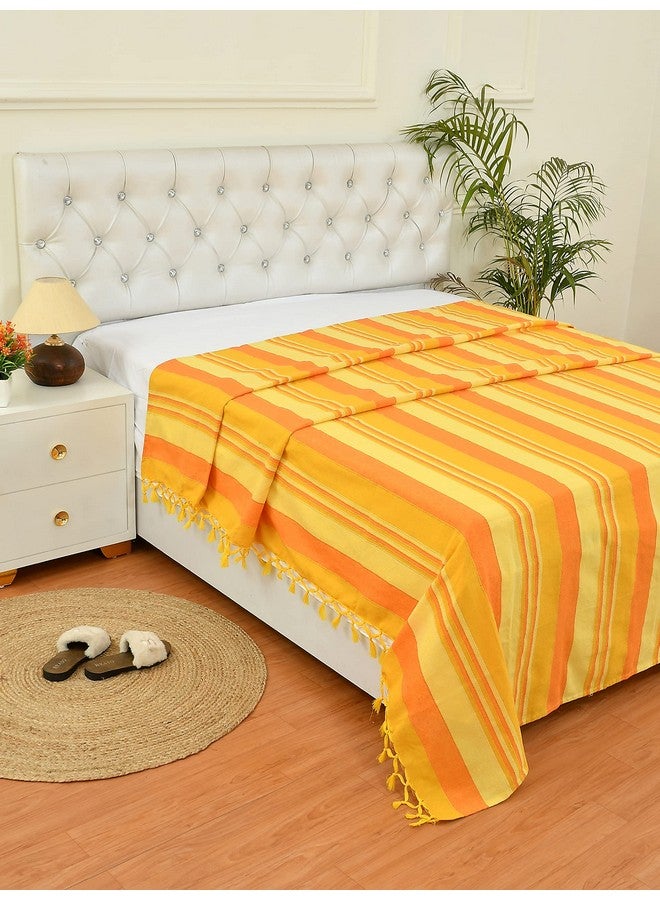 RANGBHAR Handloom Khadi Cotton King Size Bedsheet, 100 x 108 inch, Without Pillow Covers, Woven Striped Bedcover, Yellow - Image 2