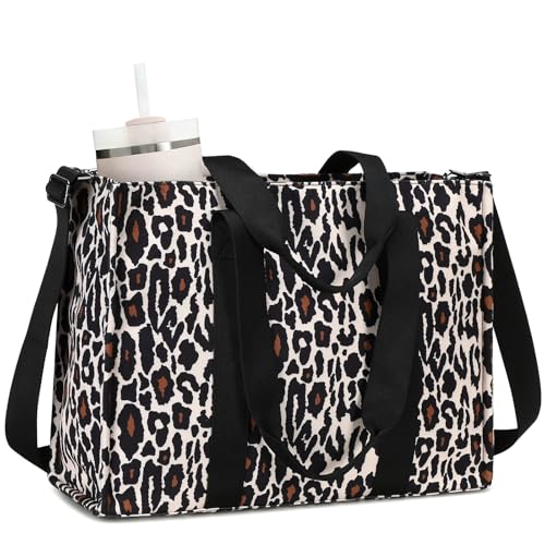 BTOOP Laptop Tote Bag for Women Work 15.6 inch Canvas Shoulder Bags Computer Messenger Purse Teacher Handbag Office Briefcase (Leopard-Black) - Image 1