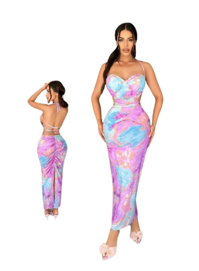 MANIKAN MANIKAN Printed Strappy Backless Sleeveless Dress With Cross-Tied Back For Summer  - Image 1