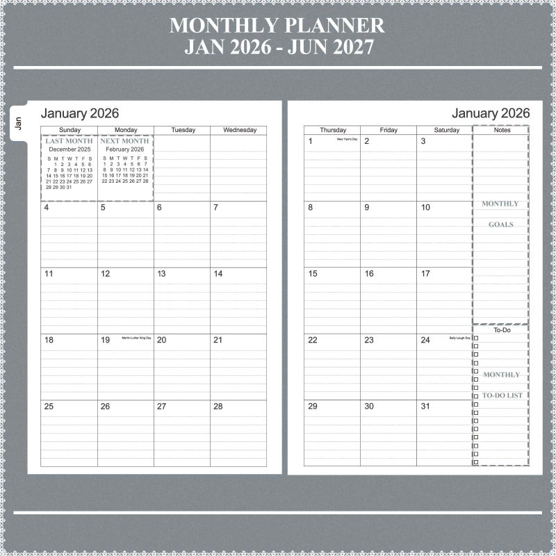 Tiankool Planner 2026-2027 - Jan 2026-Jun 2027 Weekly Monthly Planner with 18 Monthly Tabs, Elastic Closure, Inner Pocket, Round Corner,5.8" x 8.25"- Grey - Image 4