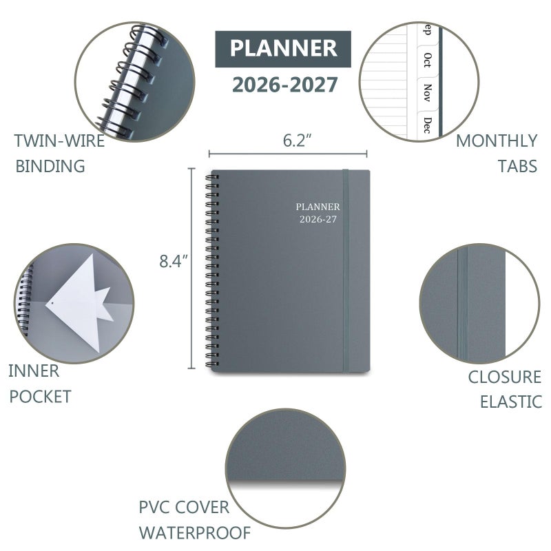 Tiankool Planner 2026-2027 - Jan 2026-Jun 2027 Weekly Monthly Planner with 18 Monthly Tabs, Elastic Closure, Inner Pocket, Round Corner,5.8" x 8.25"- Grey - Image 2