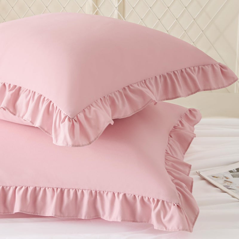 KKJIAF Ruffle Pillow Cases 18x18 Inches, Light Pink Square Ruffled Pillow Covers Set of 2, Microfiber Wrinkle Resistant Pillow Shams with Envelope Closure for Sofa Bed Living Room - Image 2