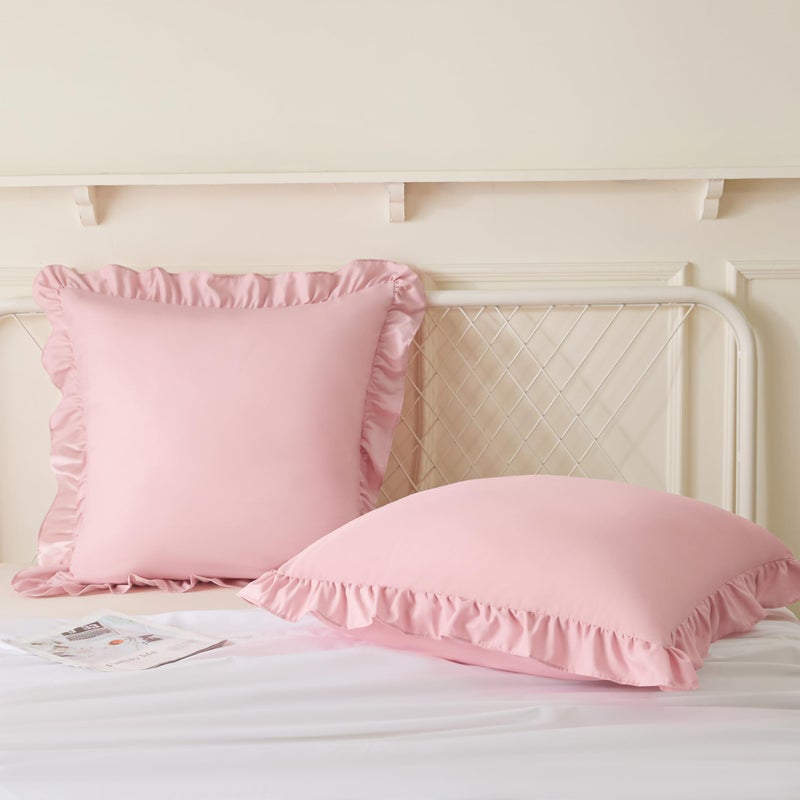 KKJIAF Ruffle Pillow Cases 18x18 Inches, Light Pink Square Ruffled Pillow Covers Set of 2, Microfiber Wrinkle Resistant Pillow Shams with Envelope Closure for Sofa Bed Living Room - Image 4