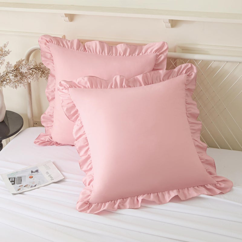 KKJIAF Ruffle Pillow Cases 18x18 Inches, Light Pink Square Ruffled Pillow Covers Set of 2, Microfiber Wrinkle Resistant Pillow Shams with Envelope Closure for Sofa Bed Living Room - Image 1