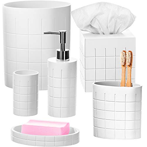 Creative Scents Creative Scents Polar White Bathroom Accessories Set with Trash Can  6 Piece Bathroom Set Features Waste Basket Tissue Cover Soap Dispenser Toothbrush Holder Tumbler and Soap Dish 