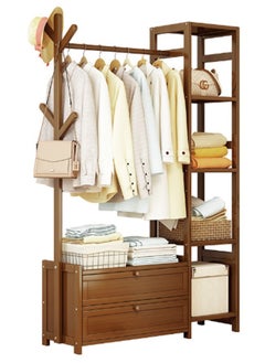 Heavy Duty Wooden Indoor Bedroom Clothes Coat Stand with Top Rod and Lower Storage Shelf Coat Rack with 5 layers Racks