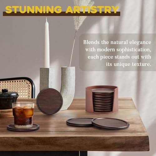 GOH DODD Wood Coasters with Leather Holder, GOH DODD Set of 8 Walnut Wooden Coaster Tabletop Protection for Drinks Coffee Table Home Kitchen Office Living Room Decor Housewarming Gifts Wedding Party, 4 Inch - Image 3