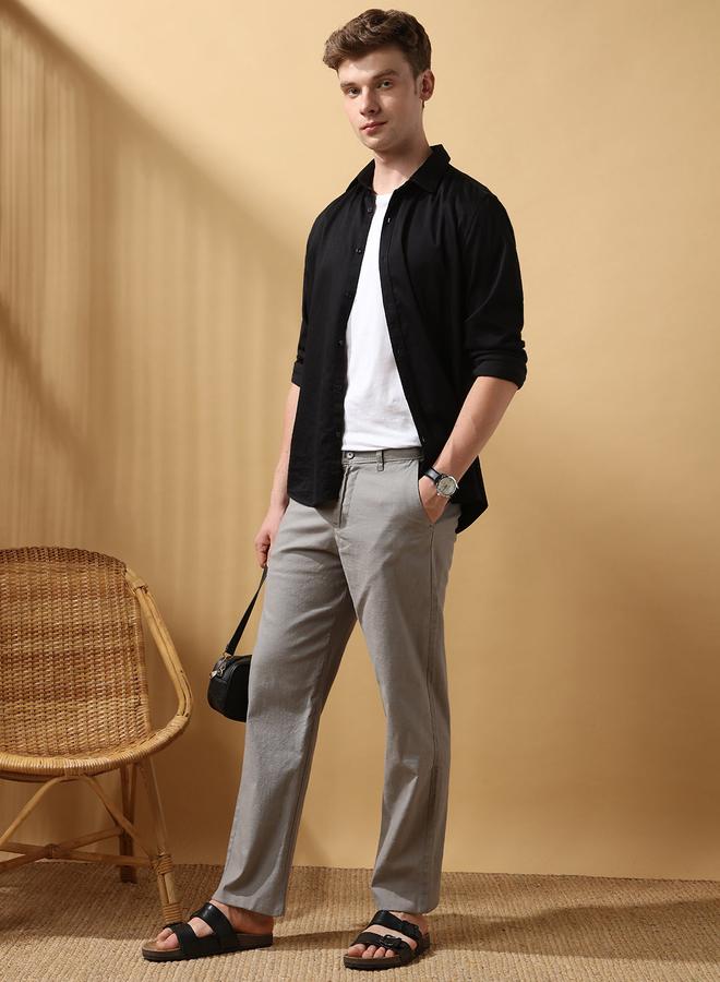 Dennis Lingo Men's Grey 100% Cotton Solid Pattern Full Length Chinos Relaxed Trouser  - Image 1