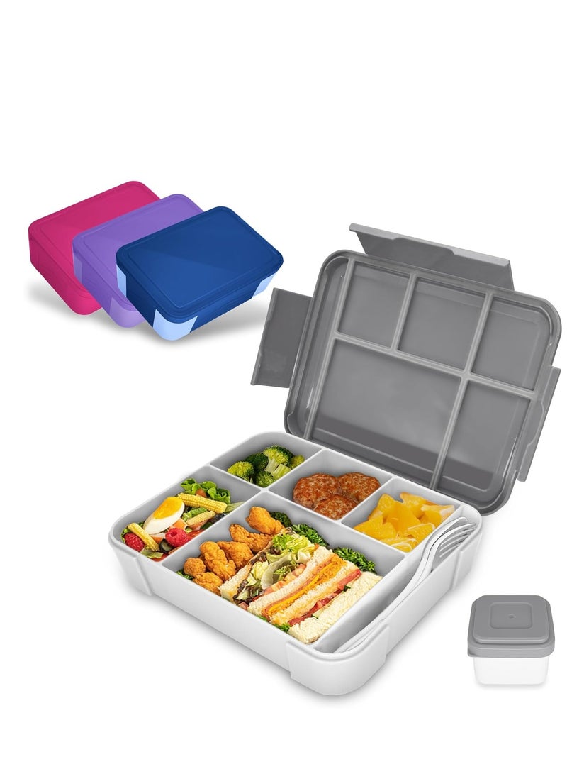 Bento Lunch Box Kids, Bento Box Lunch Box Adults with 5 Compartments and 1 Salad Dressing Containers, Snack Box for Kids and Adults Work School (Grey) - Image 1