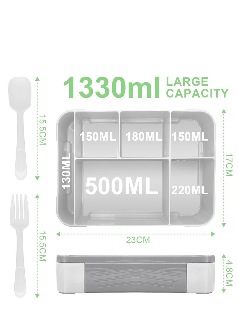 Bento Lunch Box Kids, Bento Box Lunch Box Adults with 5 Compartments and 1 Salad Dressing Containers, Snack Box for Kids and Adults Work School (Grey) - Image 3