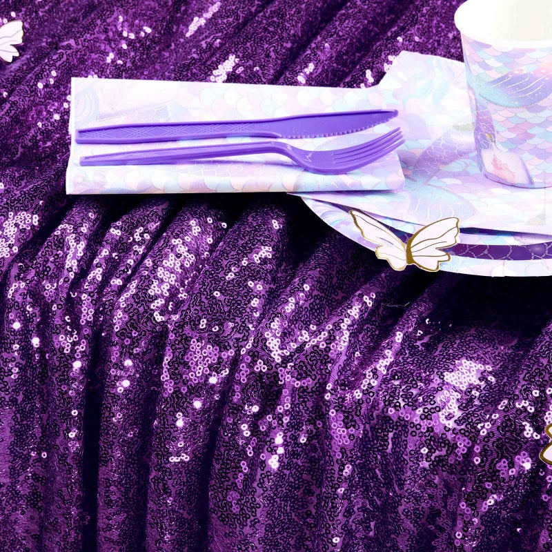 كوين دريم QueEndream Purple Tablecloth Sequin Fabric Table Cloth 90x90 inch Halloween Party Party Decorations Purple Praple Drages Drugh Birthday Party Party Decorations - Image 1