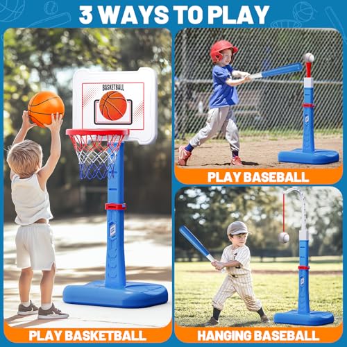 ShyLizard 3 in 1 Kids Basketball Hoop and T Ball Set Adjustable Height Toddler Basketball Hoop Hanging Tee Baseball Indoor Outdoor Sports Toys Gifts for Toddlers Boys Girls Ages 3 4 5 YearBlue - Image 5