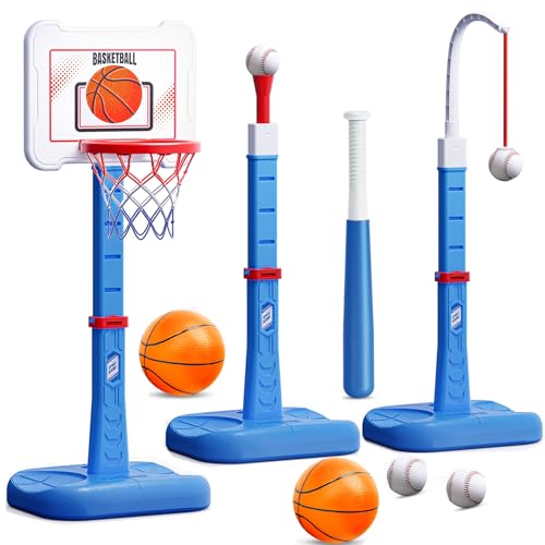 ShyLizard 3 in 1 Kids Basketball Hoop and T Ball Set Adjustable Height Toddler Basketball Hoop Hanging Tee Baseball Indoor Outdoor Sports Toys Gifts for Toddlers Boys Girls Ages 3 4 5 YearBlue - Image 1