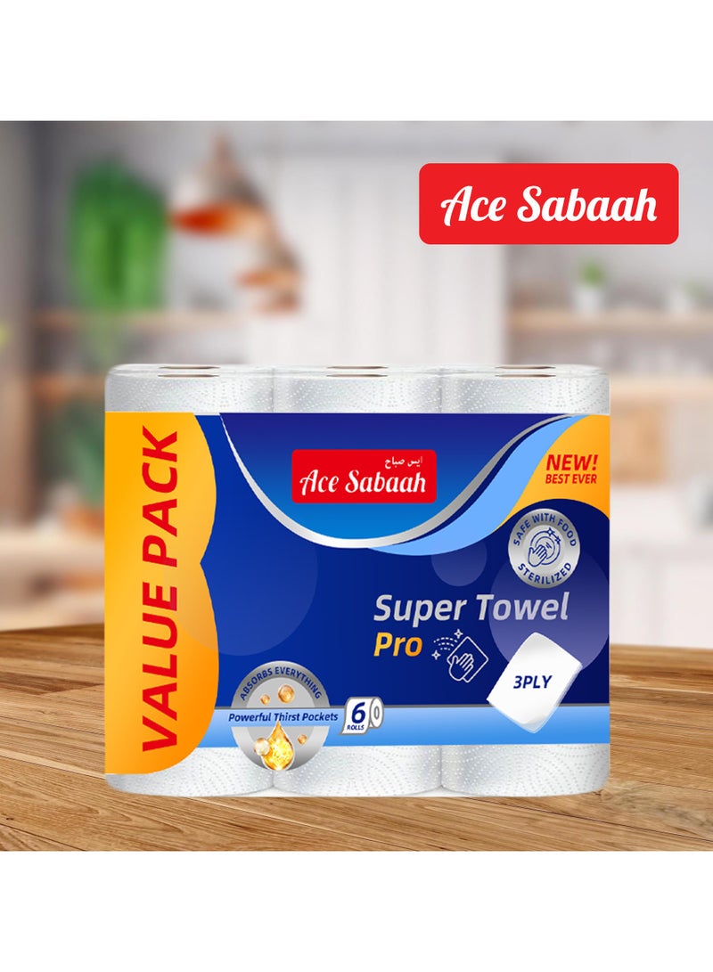 Ace Sabaah مناديل مطبخ ثلاثية الطبقات 6 لفات 60 ورقة ، عبوة من 6 - Image 4