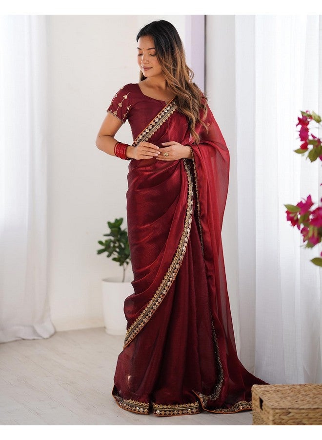 SIRIL Women's Shimmer Chiffon Lace Border Saree With Unstitched Blouse Piece (4283S3051_Maroon) - Image 3