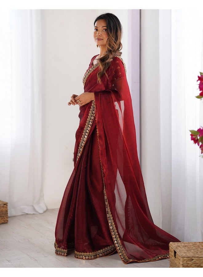 SIRIL Women's Shimmer Chiffon Lace Border Saree With Unstitched Blouse Piece (4283S3051_Maroon) - Image 2