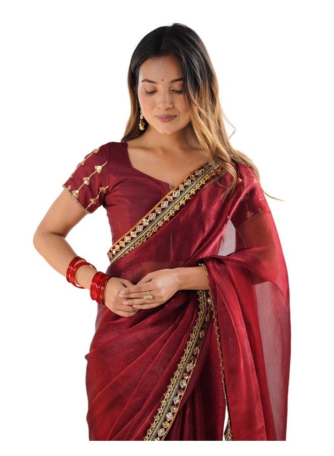 SIRIL Women's Shimmer Chiffon Lace Border Saree With Unstitched Blouse Piece (4283S3051_Maroon) - Image 1