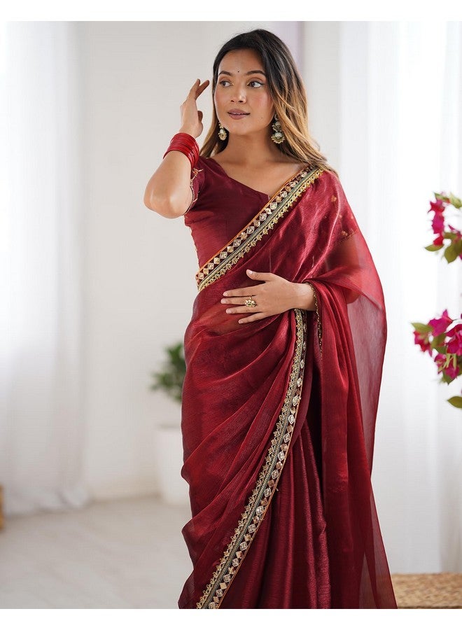 SIRIL Women's Shimmer Chiffon Lace Border Saree With Unstitched Blouse Piece (4283S3051_Maroon) - Image 4