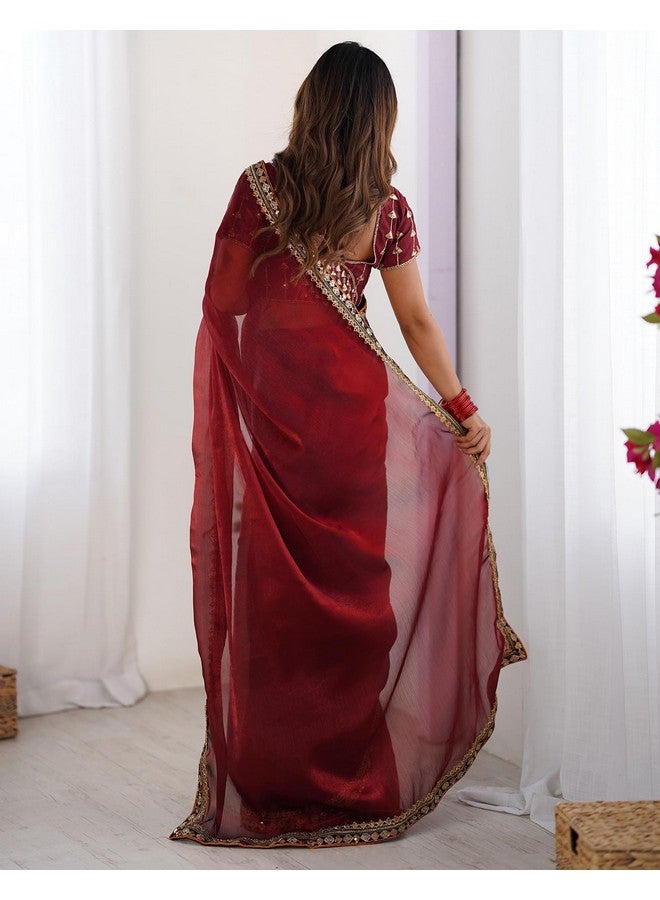 SIRIL Women's Shimmer Chiffon Lace Border Saree With Unstitched Blouse Piece (4283S3051_Maroon) - Image 5