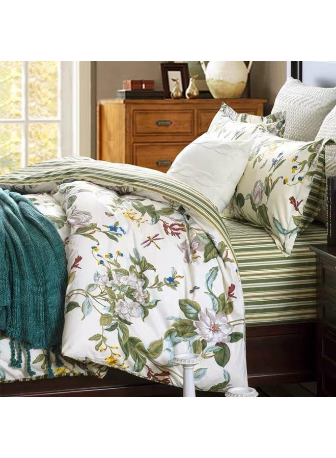 FADFAY FADFAY Shabby Floral Bedding Set King Size 7Pcs 100% Cotton Green Cream Flower Bed Sheets with Duvet Cover Set, Complete Bedding Bed in a Bag Vintage Farmhouse Ultra Soft Deep Pocket Fitted Sheets - Image 1