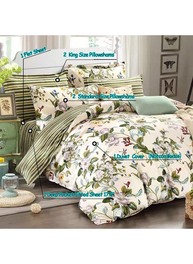 FADFAY FADFAY Shabby Floral Bedding Set King Size 7Pcs 100% Cotton Green Cream Flower Bed Sheets with Duvet Cover Set, Complete Bedding Bed in a Bag Vintage Farmhouse Ultra Soft Deep Pocket Fitted Sheets - Image 2