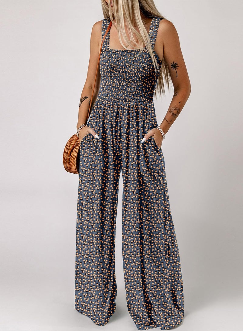 Dokotoo Womens Casual Loose Overalls One Piece Sleeveless Jumpsuits for Women Stretchy Wide Leg Long Pant Rompers Jumpsuit with Pocket Printed 2026 Fashion Small Blue - Image 2