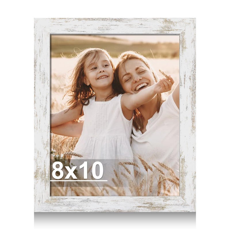 Hongkee 8x10 Picture Frame, Made of Real Glass and Wooden Frame, Horizontal and Vertical Display for Wall or Tabletop (Distressed White, 1 Pack) - Image 1