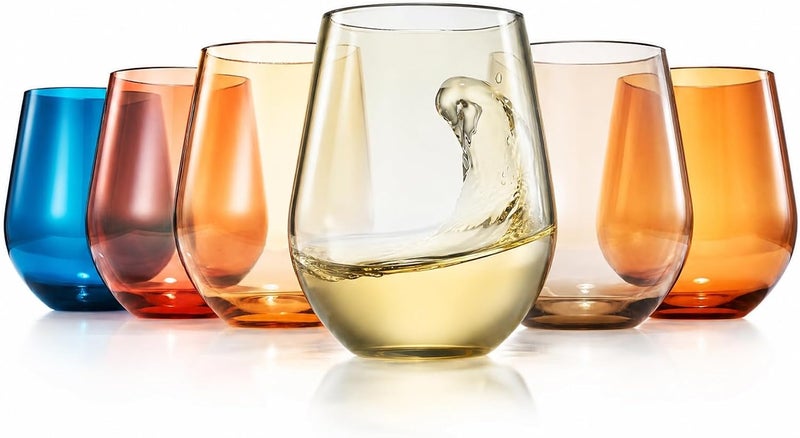 Khen European Style Shatterproof Tritan Stemless Wine Glasses, Acrylic Glass Drinkware, Unbreakable Colored, 6 - Set - BPA-free plastic, Reusable, Dishwasher Safe, All Purpose Glassware 15oz - (Muted) - Image 1