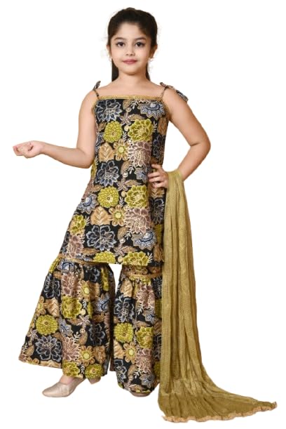 SPAMitude - Girls' Floral Printed Kurta Sharara Set | Ethnic Dress with Dupatta | Festive Traditional Outfit Boat Neck Fashion Sleeves (in, Age, 4 Years, 5 Years, Green) - Image 2