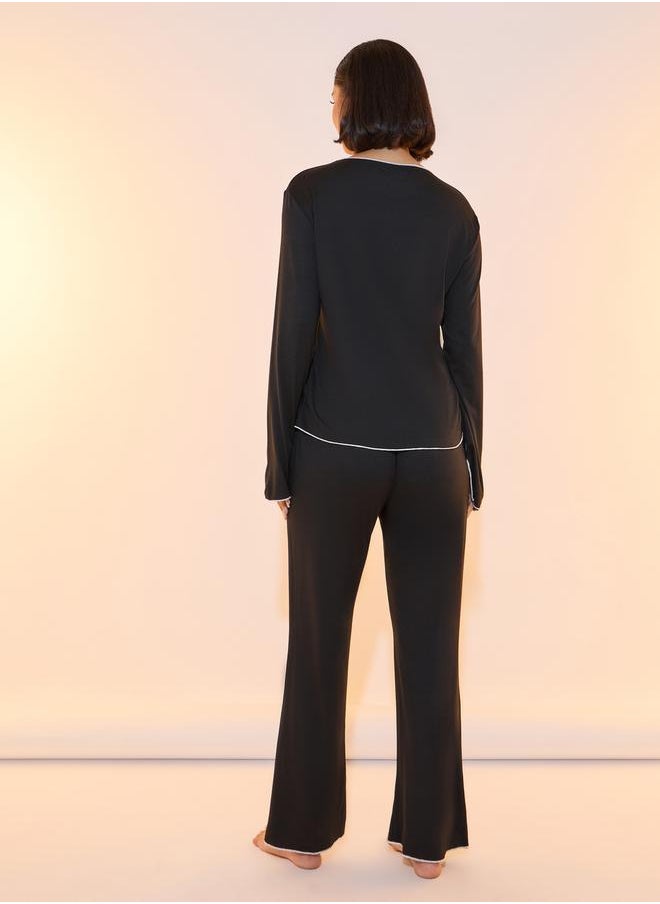 Take Two Contrast Edge Long Sleeves Top & Pants Pyjama Set  - Image 4