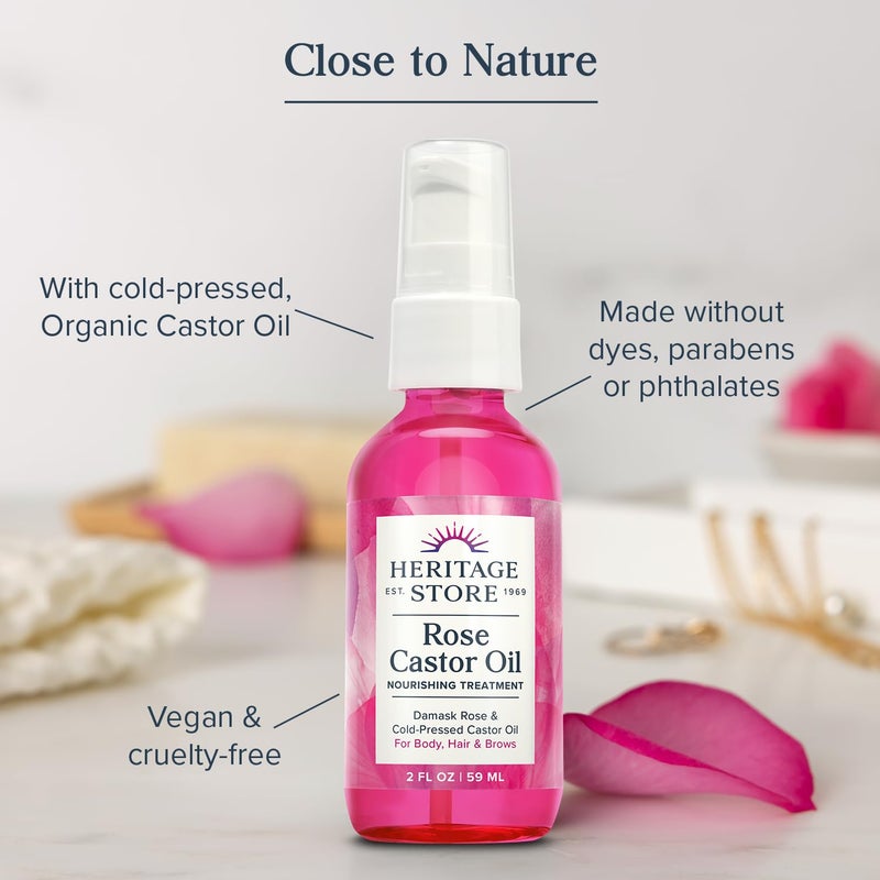 HERITAGE STORE Rose Castor Oil Nourishing Hair Treatment - Deep Hydration for Hair, Body Care and Brows - Cold Pressed Organic Castor Oil, Organic Rose Oil, Damask Rose - Vegan, 60-Day Guarantee, 2oz - Image 4