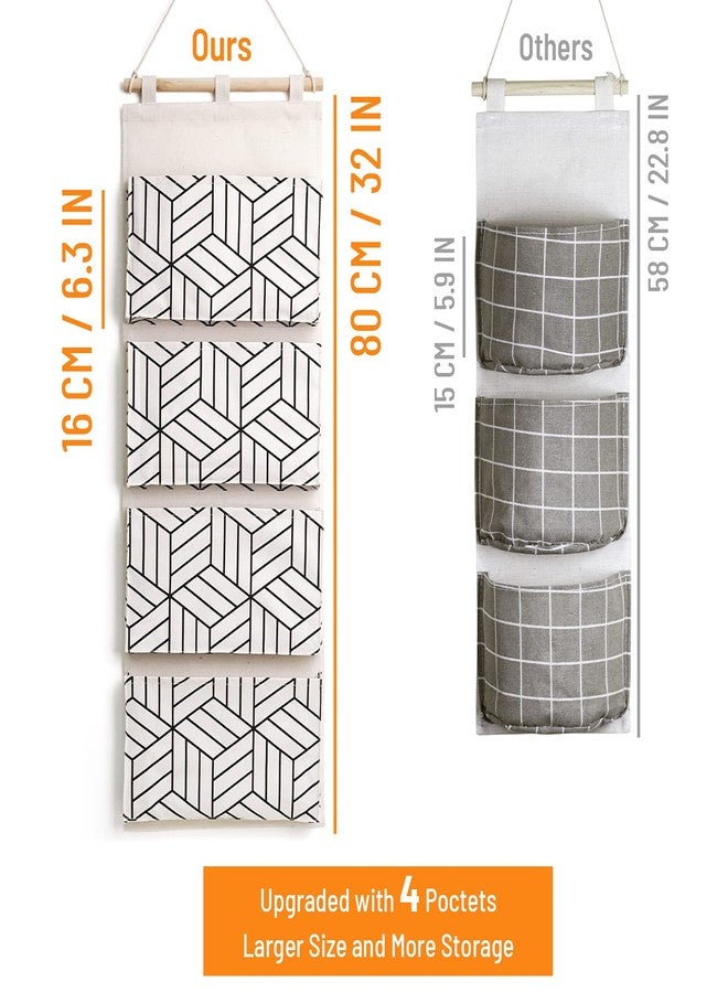 CROWNED 2Pcs Over Door Hanging Storage Bags Wall Mount Closet Organizer, 4 Big Pockets Linen Cotton Fabric Living Room Bedroom Bathroom File Magazine Waterproof Free Hooks White - Image 3