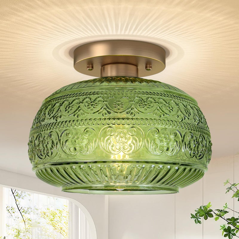 OYKYOHEI Semi Flush Mount Ceiling Light, 9" Green Glass Gold Fixture, Modern Close to Ceiling Light for Kitchen Hallway Bedroom, E26 Base,Bulb NOT Included - Image 1