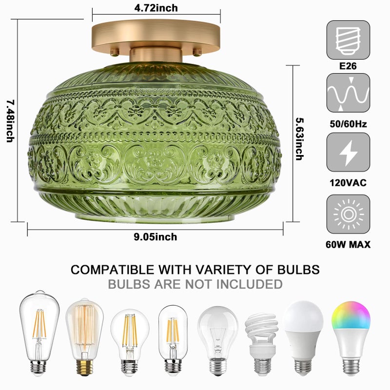 OYKYOHEI Semi Flush Mount Ceiling Light, 9" Green Glass Gold Fixture, Modern Close to Ceiling Light for Kitchen Hallway Bedroom, E26 Base,Bulb NOT Included - Image 4
