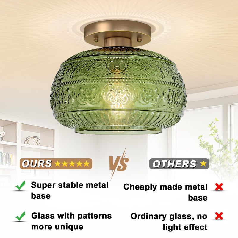 OYKYOHEI Semi Flush Mount Ceiling Light, 9" Green Glass Gold Fixture, Modern Close to Ceiling Light for Kitchen Hallway Bedroom, E26 Base,Bulb NOT Included - Image 2