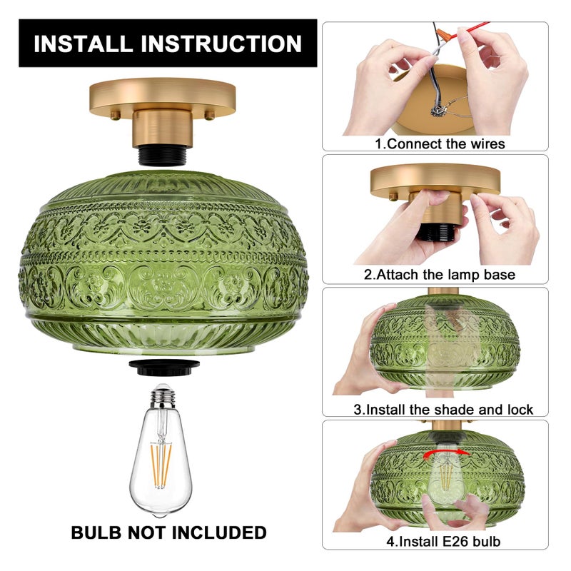 OYKYOHEI Semi Flush Mount Ceiling Light, 9" Green Glass Gold Fixture, Modern Close to Ceiling Light for Kitchen Hallway Bedroom, E26 Base,Bulb NOT Included - Image 5