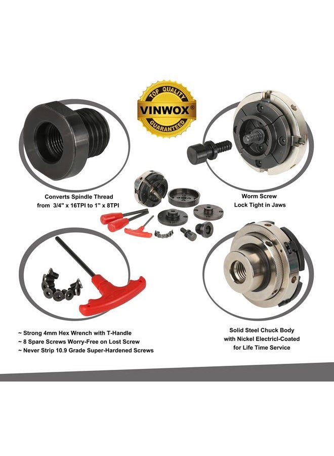 VINWOX SCR4-4NV-SET 4" Wood Lathe Scroll Chuck Set, 4-Jaw Self-Centering Chuck-Set, with Nickle electric Coating Body & 1"x8TPI thread & 3/4"x16TPI Adapter - Image 2