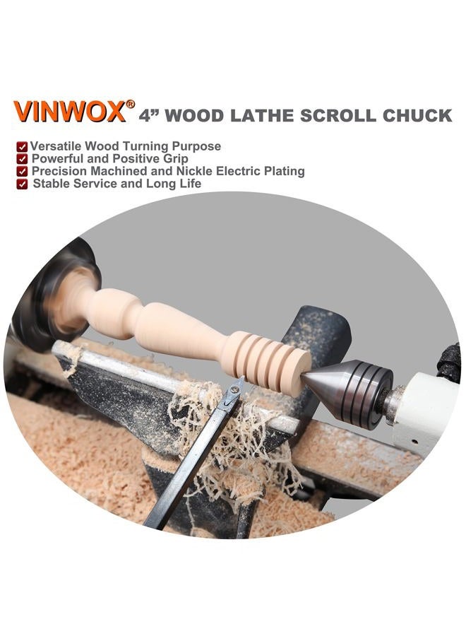 VINWOX SCR4-4NV-SET 4" Wood Lathe Scroll Chuck Set, 4-Jaw Self-Centering Chuck-Set, with Nickle electric Coating Body & 1"x8TPI thread & 3/4"x16TPI Adapter - Image 4