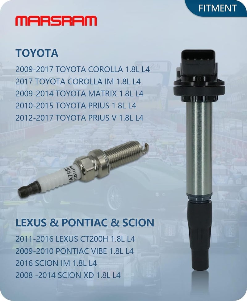 Marsram Ignition Coil Pack UF596 and Double Iridium Spark Plug 4912 Compatible with 2009-2014 Toyota Corolla Matrix 2010-2017 Prius, 2011-2016 Lexus Scion IM XD Pontiac Vibe 1.8L L4, Sets of 4, UF619 - Image 2