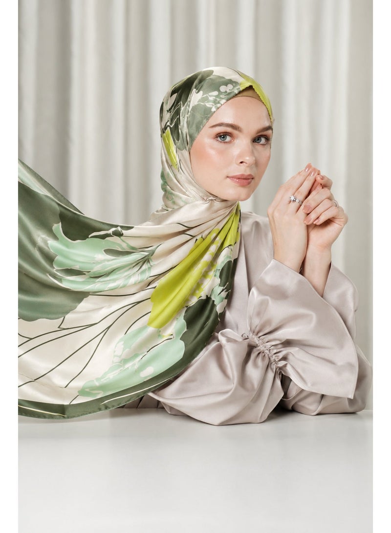 وشاح نسائي من الساتان المطبوع من ، بنقشة زهور أنيقة، خفيف الوزن، مناسب كشال أو حجاب أو لفافة، 55 × 170 سم - Image 1