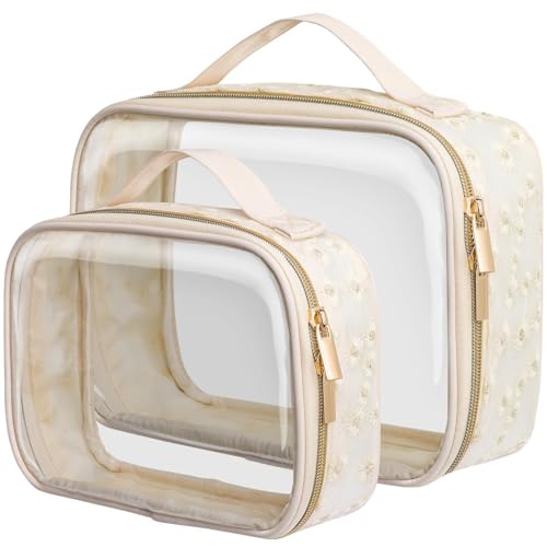 PACKISM Floral Texture Lace TSA Approved Toiletry Bag  180 Large Opening Clear Makeup Bags for Traveling in 2 Size TSA Liquid Bag with Handle 05 mm Thick Nondeformable No Smell Beige