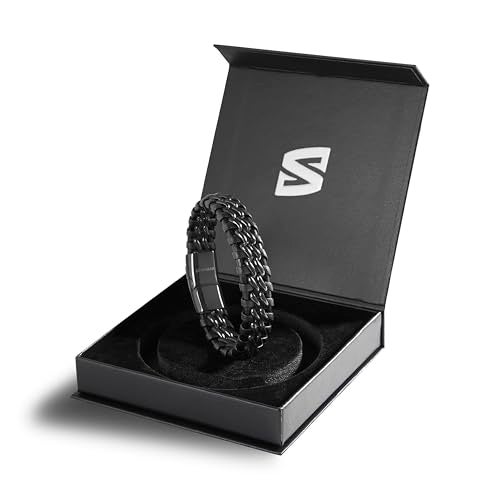 SERASAR 8″ Black Leather Bracelets for Men Mens Cowhide Gift Box Braided Bracelet Stainless Steel Jewelry Wrist Band Cuff Wrap Rope Bangle Dad Man Pulseras para Hombres Cuero Regalo - Image 2