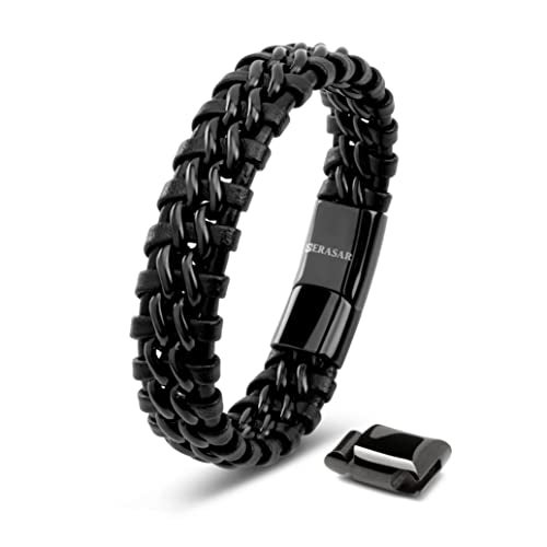 SERASAR 8″ Black Leather Bracelets for Men Mens Cowhide Gift Box Braided Bracelet Stainless Steel Jewelry Wrist Band Cuff Wrap Rope Bangle Dad Man Pulseras para Hombres Cuero Regalo - Image 1