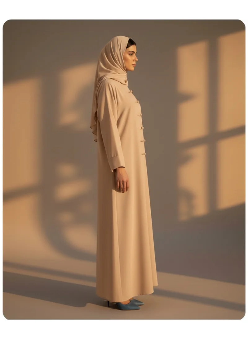 مويستريت Beige Korean Nida Abaya with Matching Headscarf & Knot Button Detail