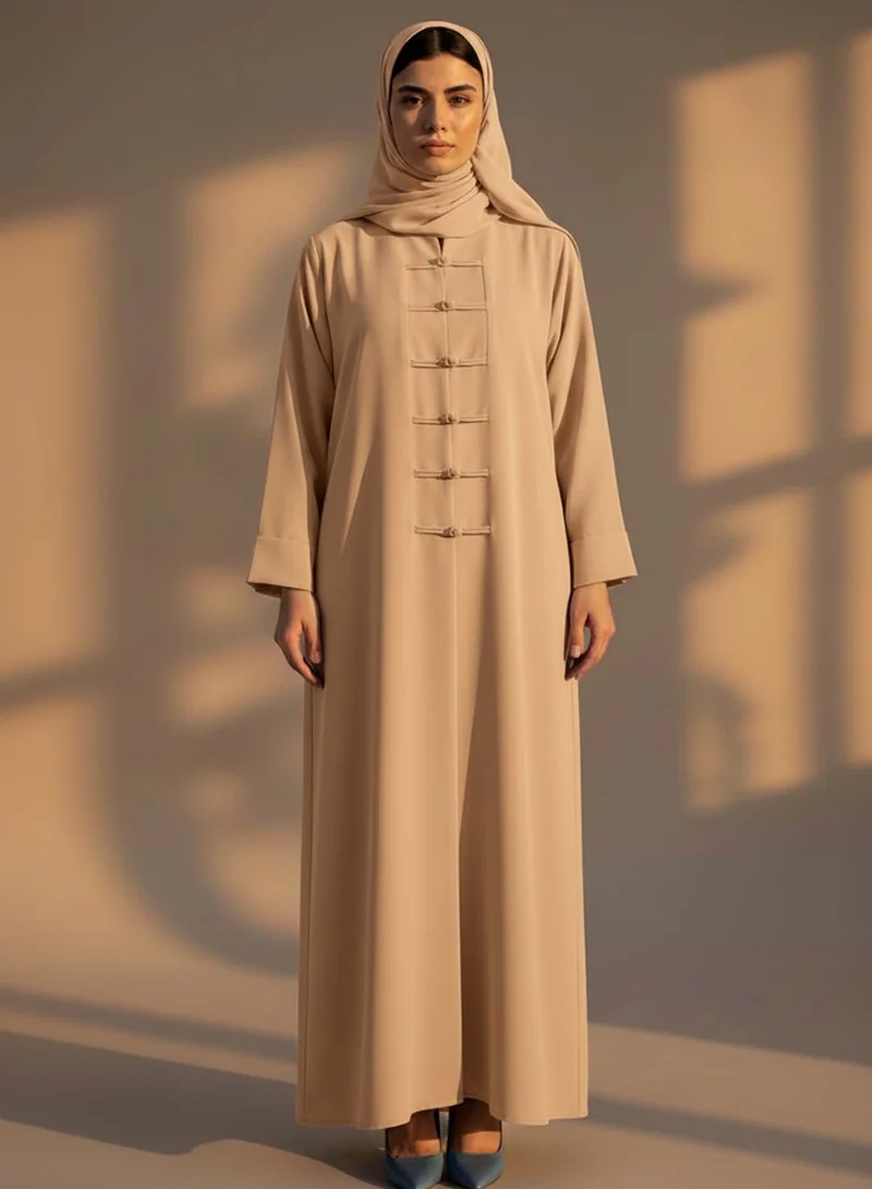 مويستريت Beige Korean Nida Abaya with Matching Headscarf & Knot Button Detail